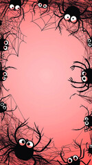 Cute cartoon spiders on heart-shaped webs framing pink and black Halloween background