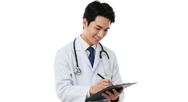 Portrait of a male doctor holding a clipboard and smiling confidently