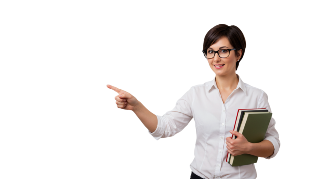 Young teacher pointing the direction to students