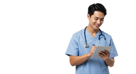 Young male doctor smiling confidently with stethoscope in medical coat standing in hospital environment