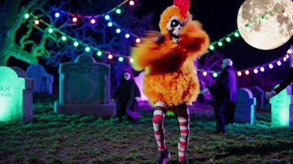 Seamless animation of a clubber zombie house dancing in a party in a graveyard with chicken disguise. Funny cartoon character for Halloween background