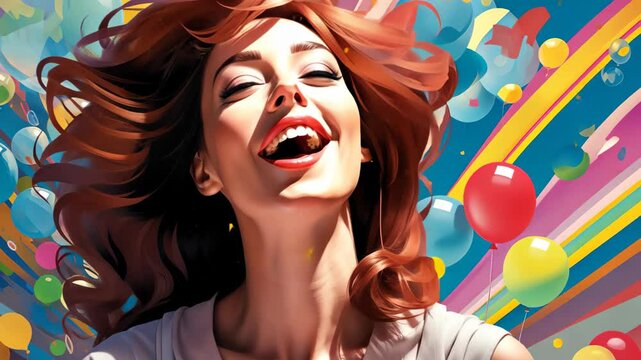 Joyful Woman amid Celebration:  A woman with flowing red hair smiles ecstatically, surrounded by a vibrant array of balloons and a colorful celebratory background, symbolizing happiness. 