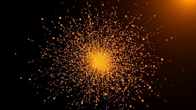 Abstract golden particle explosion frozen in motion against a dark gradient background.