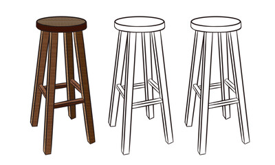 Group of three drawings of wooden stool, a popular piece of furniture in Brazil. Isolated on transparent background-01.eps