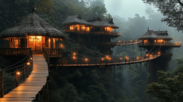 Misty jungle resort nestled in wooden treehouses.