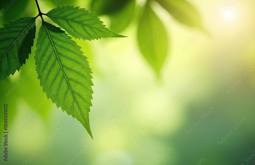 Poster macro shot of vibrant green leaf with intricate veins, set against a soft blurred background of gard