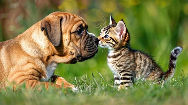 Inquisitive Companions: A charming moment of curiosity and connection as a playful kitten touches noses with a gentle dog, highlighting the unique bond between different animals.