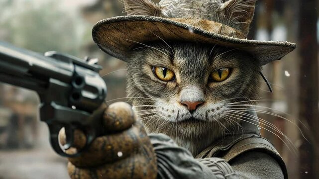 Sheriff Cat: A captivating image of a courageous feline, dressed as a sheriff, holding a pistol with determination. The cat exudes confidence and strength.