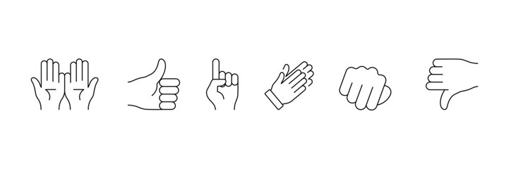 Set of Hand gestures lined icon collection. Clapping hands, horns, thumb up finger, helping hand symbol.
