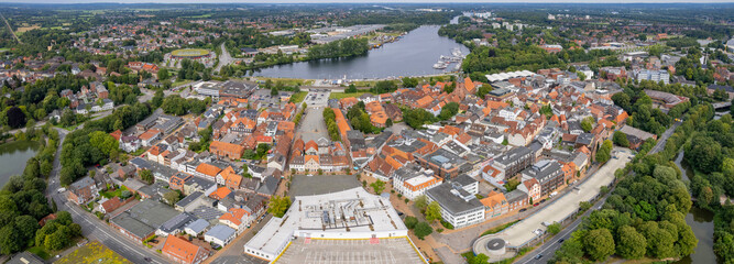 Aerial view of the old town of the city Rendsburg in Germany on an sunny spring afternoon
