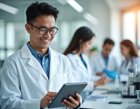 Happy Asian scientist smiles while using tablet in lab. Examining results for vaccine research, development, breakthrough or discovery. Pro working in health care, medicine, science.