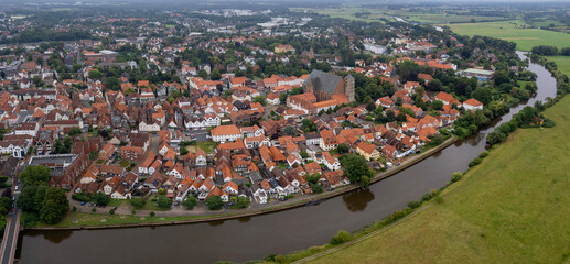 Aerial view of the old town of the city Verden, 27283 in Germany on a cloudy spring morning