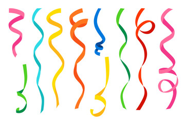 Hand drawn illustration of colorful curly ribbons on white background