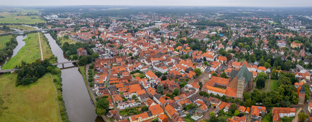 Aerial view of the old town of the city Verden, 27283 in Germany on a cloudy spring morning