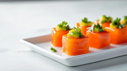 Elegant Salmon Appetizers with Dill on White Plate, Gourmet , Cuisine