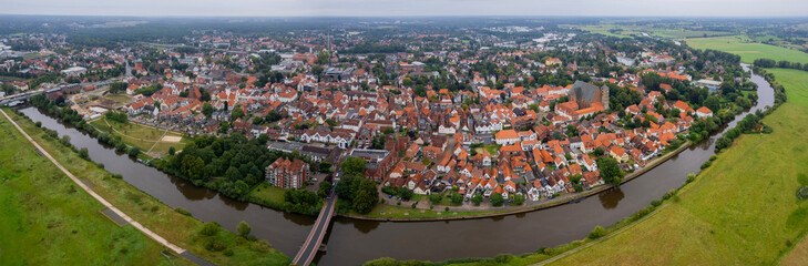 Aerial view of the old town of the city Verden, 27283 in Germany on a cloudy spring morning