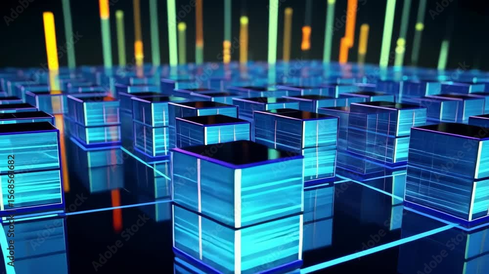 Poster digital blueprint: high-tech futuristic scene of a detailed data grid, with rows of glowing data cub
