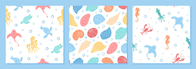 Naklejka premium Underwater seamless pattern set in a marine cartoon graphic style. Featuring aquatic creatures like turtle, seashell, seahorse, crab, and shrimp. Vibrant marine life elements enhance summery