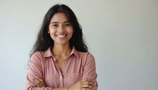 Young Indian woman with crossed arms, smiling brightly at camera. Long dark hair, wears pink button-up shirt. Portrait shot in studio with clean white backdrop, conveying confidence, positivity.