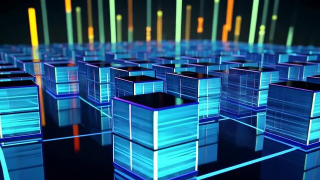 Digital Blueprint: High-tech futuristic scene of a detailed data grid, with rows of glowing data cubes and vibrant lines, symbolizing the ever-evolving digital world.