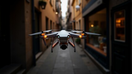 white drone flying air over narrow alleyway drone has four propellers camera mounted front alleyway lined buildings both sides shops visible right side sky dark sun setting casting warm glow