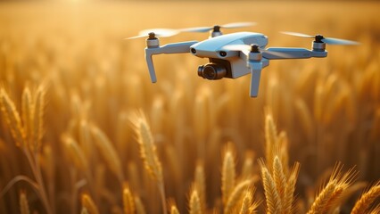 white drone flying over field golden wheat drone has four propellers camera attached field vast stretches out into distance sun shining brightly top right corner wheat stalks tall swaying wind