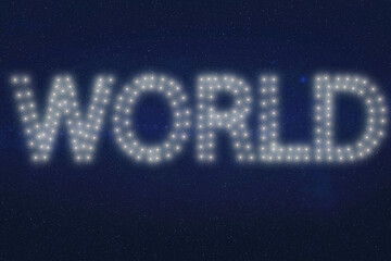 The word WORLD appears formed by clusters of white lights against a star-like black background. Elements of this illustration were furnished by NASA.