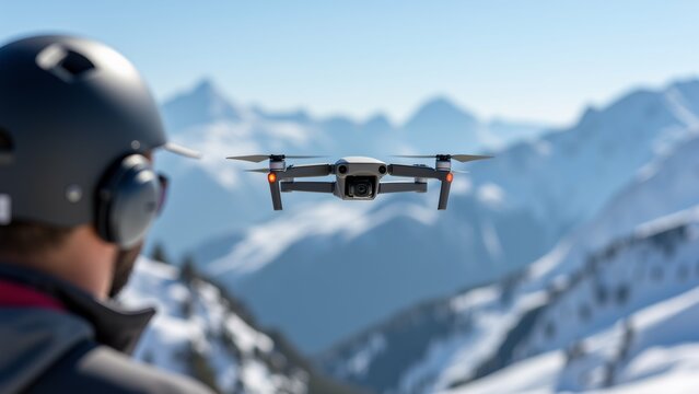 person wearing black helmet headphones standing front mountain range person looking drone flying sky drone white four propellers camera attached mountains background covered snow sky blue appears