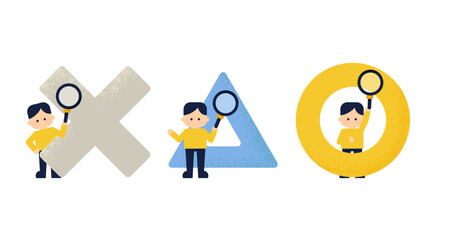 〇×△と虫眼鏡を持った人（男性・男の子）のセットイラスト｜選択・調査・判断の教育素材