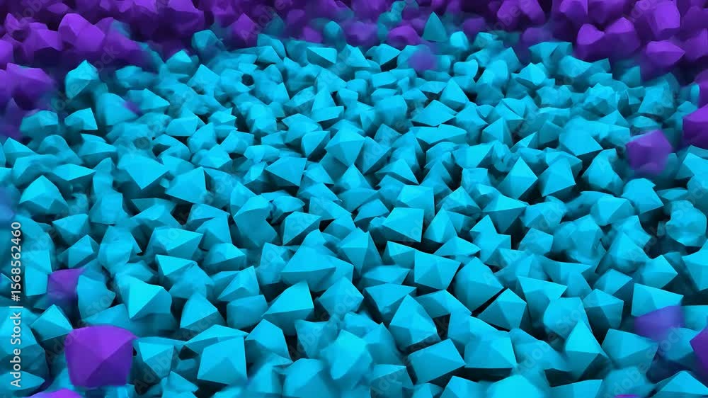 Poster abstract digital rendering of crystal shapes in vibrant purple and teal with geometric patterns