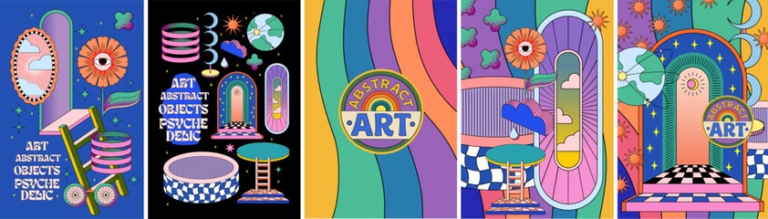 Psychedelic abstract art. Vector illustrations of geometric groove retro objects, otherworldly portal, entrance with arch, pattern from surreal dreams and fantasy for poster, card, cover or background