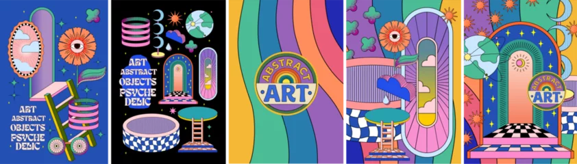 Fototapete Rund Psychedelic abstract art. Vector illustrations of geometric groove retro objects, otherworldly portal, entrance with arch, pattern from surreal dreams and fantasy for poster, card, cover or background © Ardea-studio