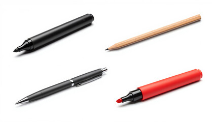 Set of stationery tools including pens, pencils, and markers for office use