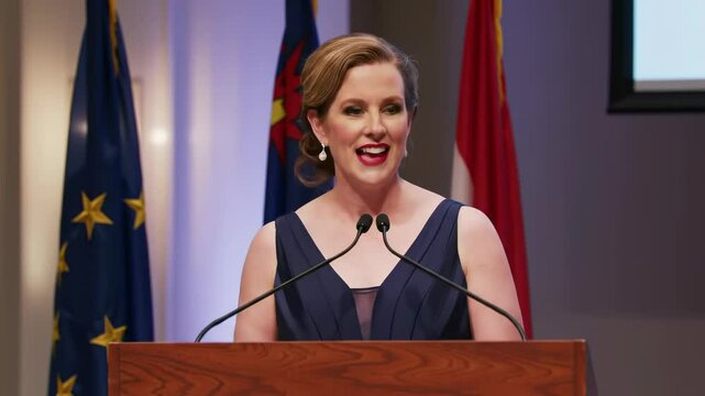Elegant business woman giving a speech at podium in professional conference setting with national flags in background. concept of public speaking, professional event, formal presentation