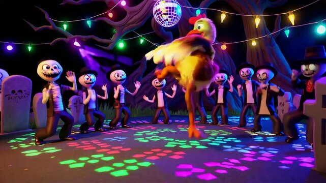 Seamless animation of a clubber zombie house dancing in a party in a graveyard with chicken disguise. Funny cartoon character for Halloween background