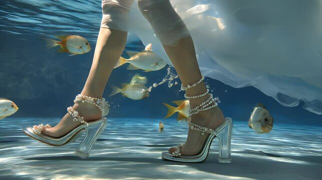 Underwater model in 5-inch clear heels surrounded by tropical fish