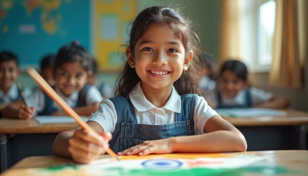 Smiling Indian schoolgirl draws national flag in classroom. Young student learns art activity, paints tricolour flag with pencil. Children creativity, patriotism, cultural education celebrated in - Powered by Adobe