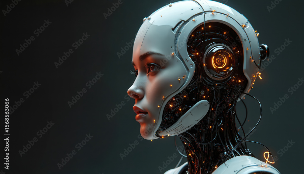 Poster side profile shows a humanlike robot head with cybernetic enhancements. ai brain processing data, in