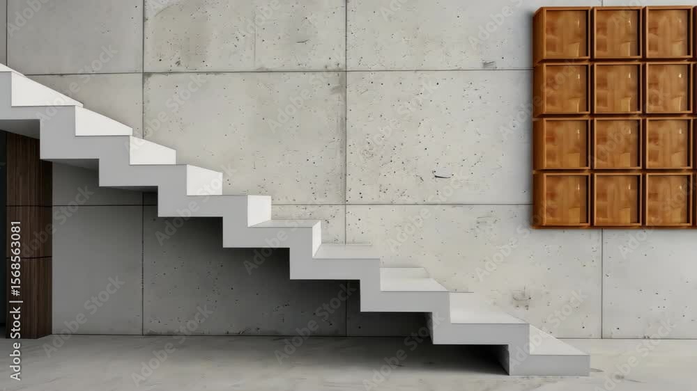 Poster modern staircase in architectural harmony: a pristine white staircase ascends gracefully against a b