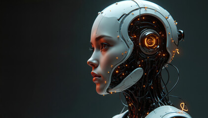 Side profile shows a humanlike robot head with cybernetic enhancements. AI brain processing data, intricate network of wires and glowing orange circuits. Futuristic technology concept.
