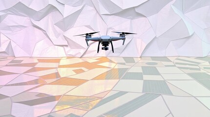 Futuristic drone hovering over a sculpted and textured patchwork of iridescent farmland