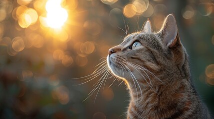 Tabby cat gazes up at sunlit, bokeh foliage