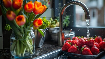 Vibrant tulips & strawberries by a running faucet in a kitchen setting, soft natural light