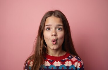 Funny teenage brunette girl makes a funky face, pursing lips against pink backdrop. Wearing a colorful patterned sweater, she shows a playful expression with freckles visible.