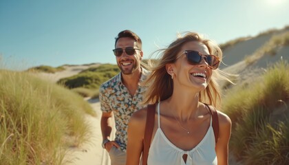 Happy couple walks on sunny day in dunes. Woman wears white top, man floral shirt. Both sport sunglasses, enjoying summer nature, embracing carefree, joyful moment together.