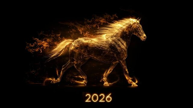 Head of fire horse symbol of 2026. Majestic blazing dark equine with glowing eyes. Mystical animal spirit concept for horoscope. Footage	
