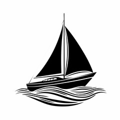 Sailing boat silhouette on waves vector image isolated on white background.