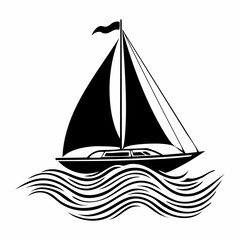 Sailing boat silhouette on waves vector image isolated on white background.