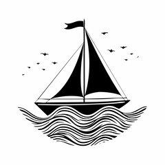 Sailing boat silhouette on waves vector image isolated on white background.