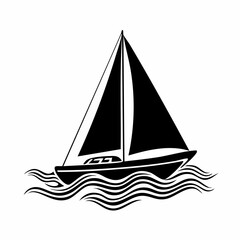 Sailing boat silhouette on waves vector image isolated on white background.